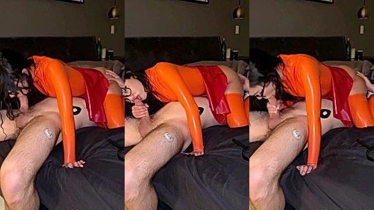hot velma layladeline sucking a big cock in latex dress
