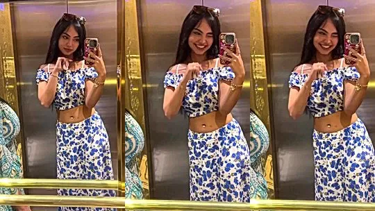 layladeline showing off her hot outfit i nthe elevator mirror