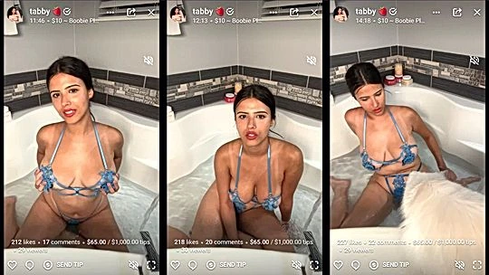 hot babe Strawberrytabby teasing her huge boobs in light blue lingerie in bathtub
